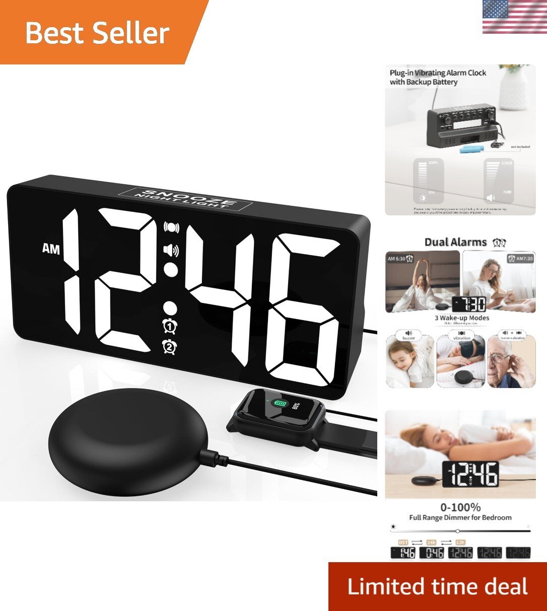 Vibrating Digital Alarm Clock with 3 Wake Modes & USB Charger – Perfect for All