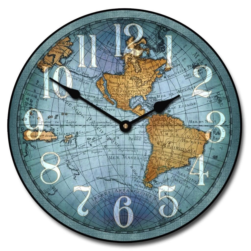 Vincenzo Blue World Map Vintage Wood Wall Clock Whisper Quiet