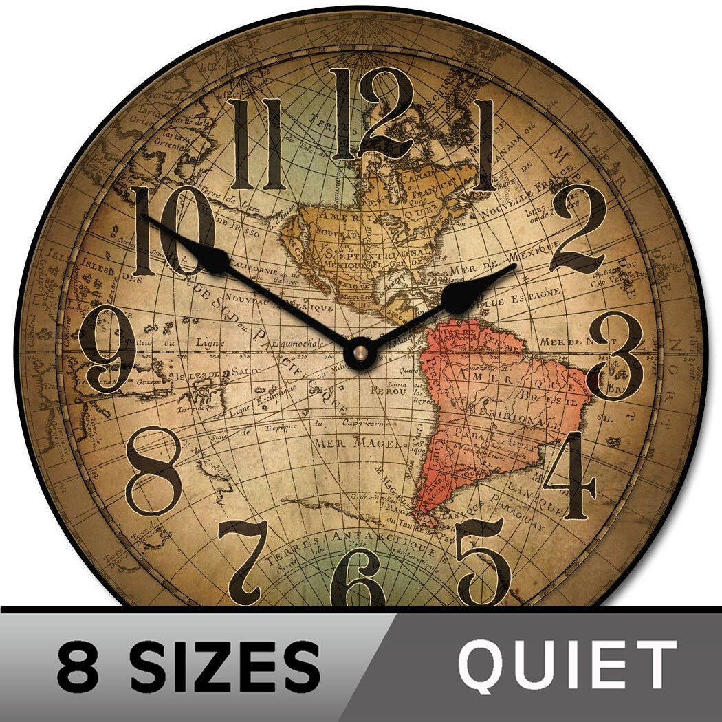Vincenzo World Map Clock, large wall clock, Ultra Quiet, 8 sizes, Life Warranty