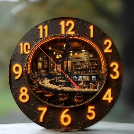 Vintage Bar Clock Neon Lights Wall Decor 10-Inch Silent Wooden Wall Clock, Battery Operated (AA Batteries Not Included), Artistic Home Decor