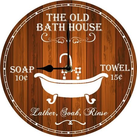 Vintage Bath House Clock Old Bath Sign Farmhouse Wall Decor for Bathroom Toliet Washroom 10x10 Inch Silent Non Ticking Battery Operated Wooden Clock