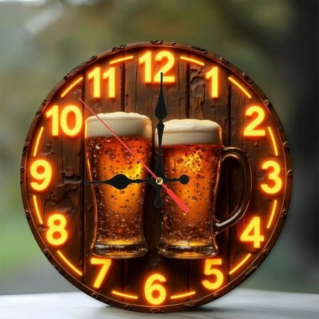 Vintage Beer Clock Wall Art with Bright Neon Lights 10-Inch Silent Wooden Wall Clock, Battery Operated (AA Batteries Not Included), Artistic Home Decor