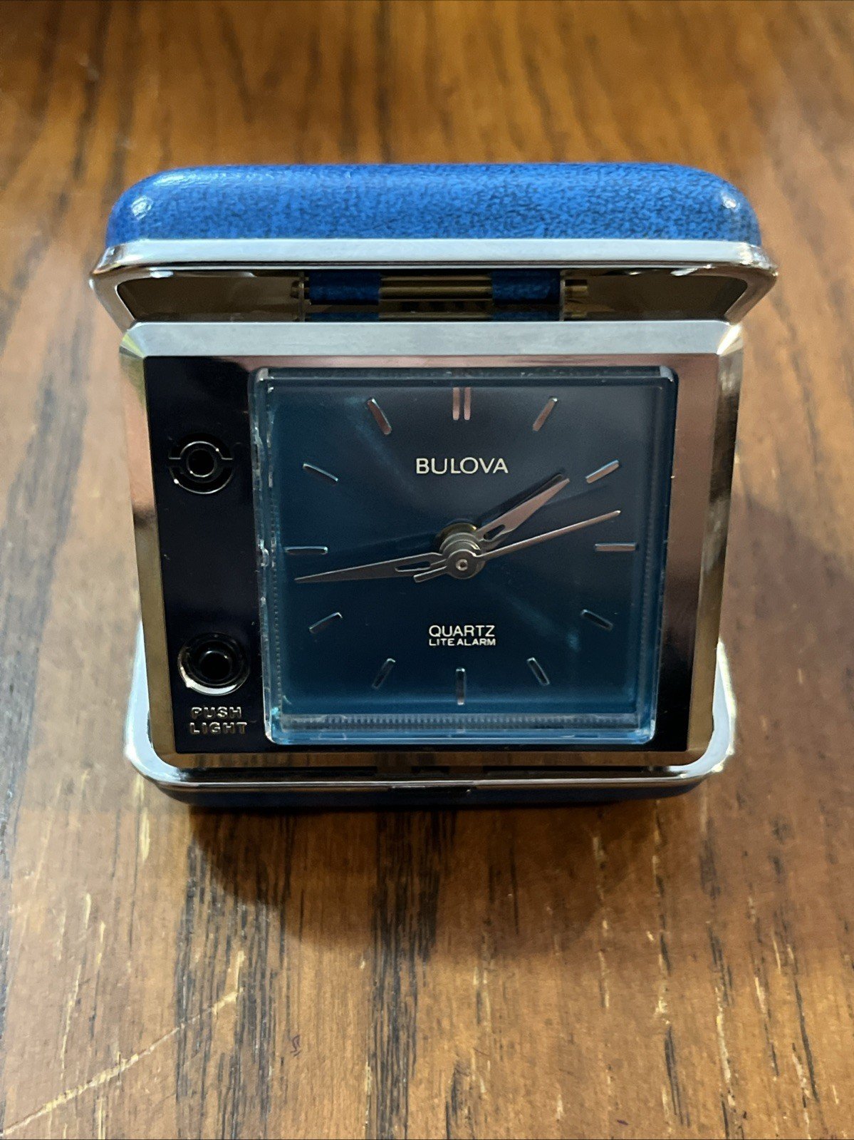 Vintage BLUE Bulova Travel Quartz Lite Alarm Clock with Case Tested & Working