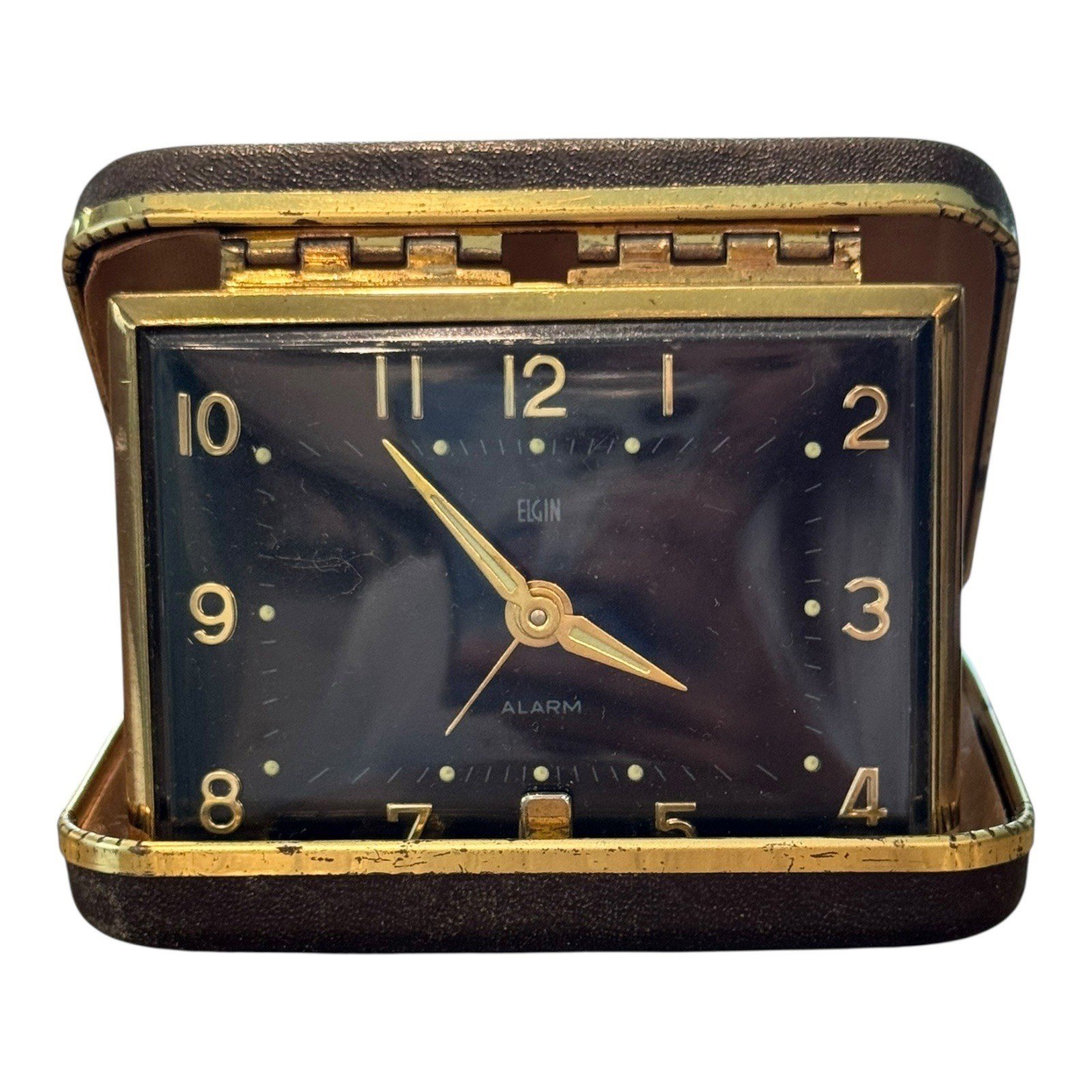 Vintage Elgin Travel Alarm Clock Black Face Gold Tone Case Folding Portable