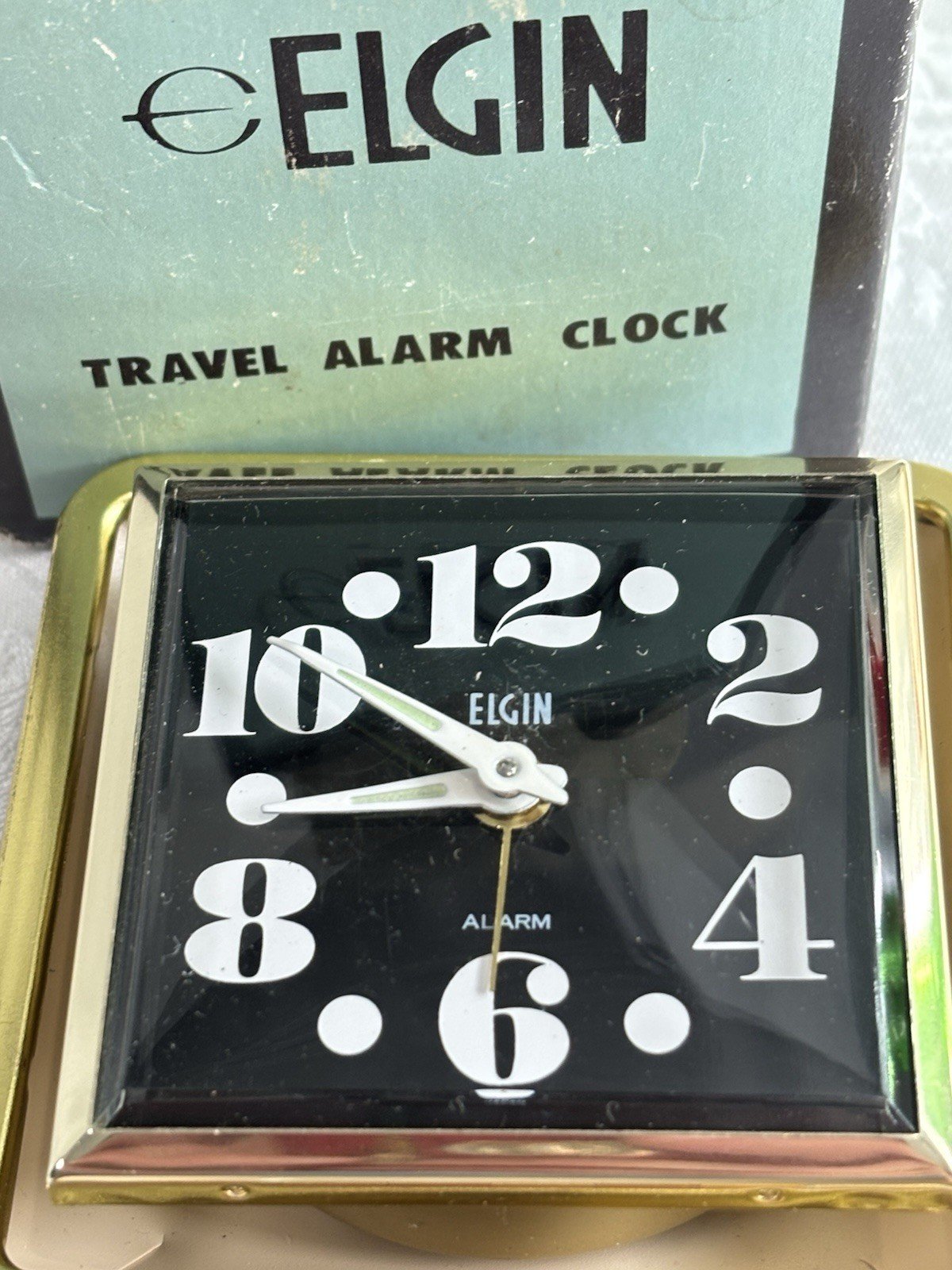 Vintage Elgin Travel Alarm Clock Black MCM Excellent + Original Box Tested Mint