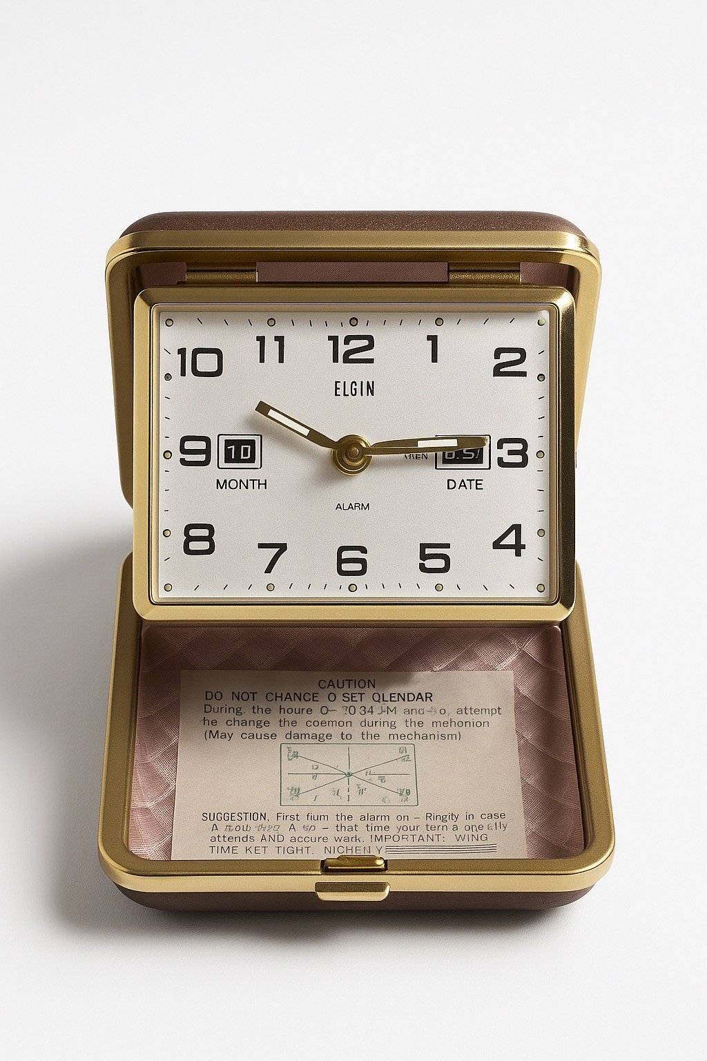 Vintage Elgin Travel Alarm Clock Folding Case,Month/Day/Date Display, WorksGreat