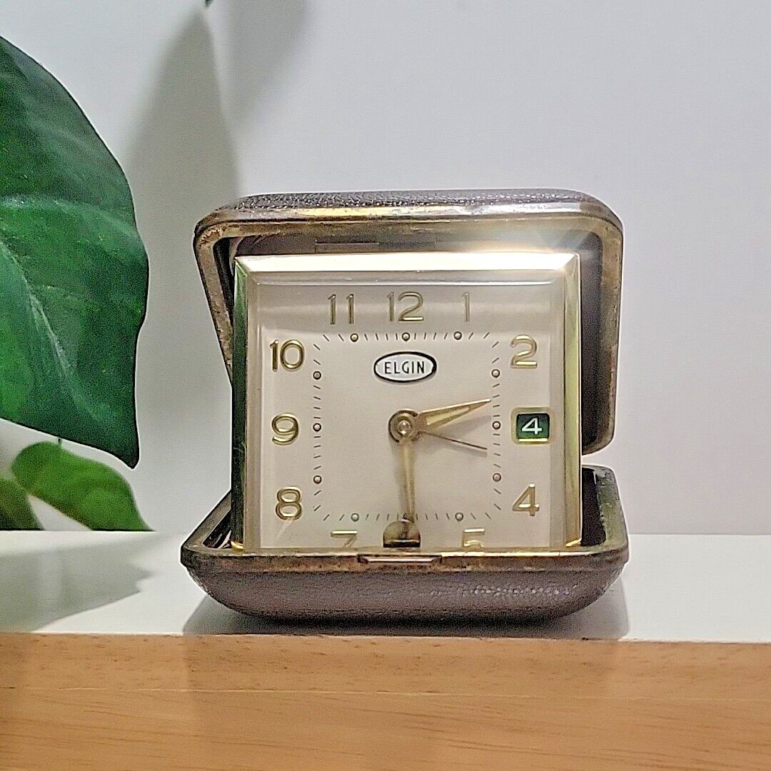 Vintage Elgin Wind Up Travel Alarm Clock With Day, Square Brown Case