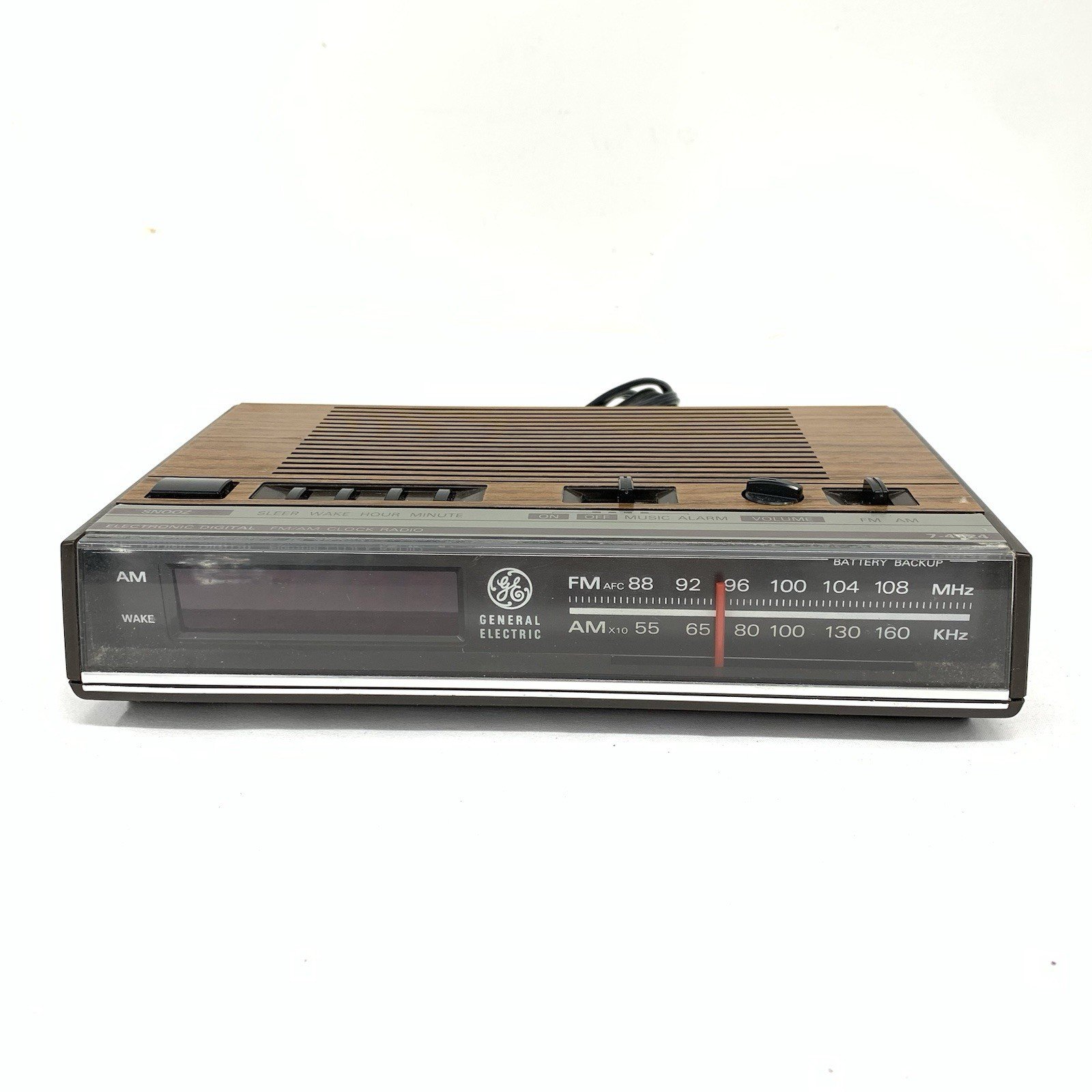 Vintage General Electric Alarm Clock AM/FM Radio GE 7-4624B Faux Woodgrain WORKS