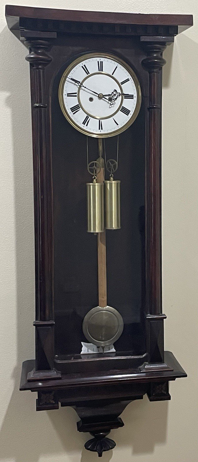 Vintage German Vienna Wall Gong Chime Clock Wooden Case 2 Weight Regulator