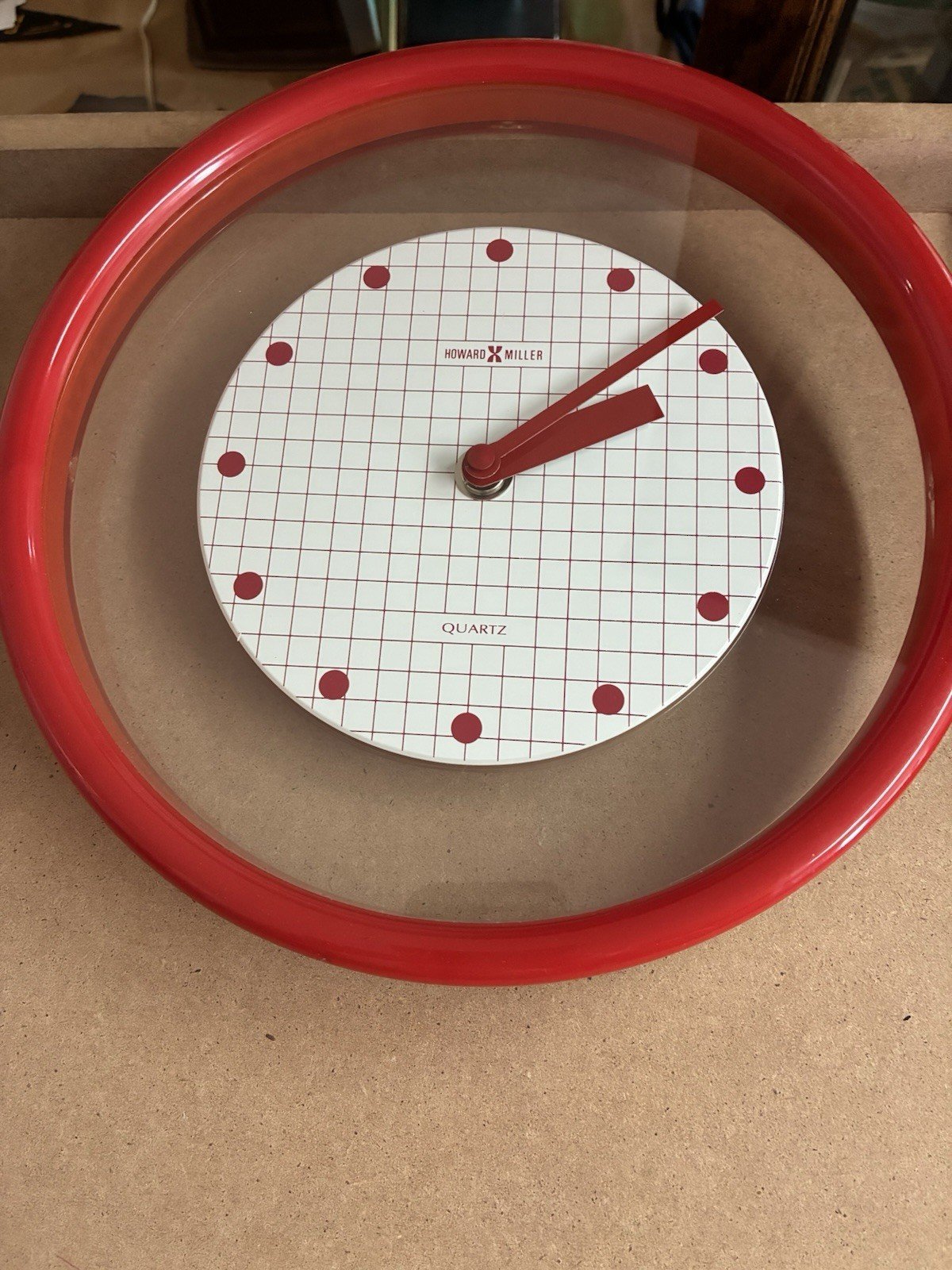 Vintage Howard Miller Wall Clock Memphis Design Floating Check Face Red Rim