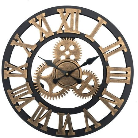 Vintage Industrial Gear Wall Clock，18 Inch Round 3D Roman Numerals Retro Rustic Battery Operated Non-Ticking Large Art Home Decoration for Living Room (18 inch Diameter, Antiqu