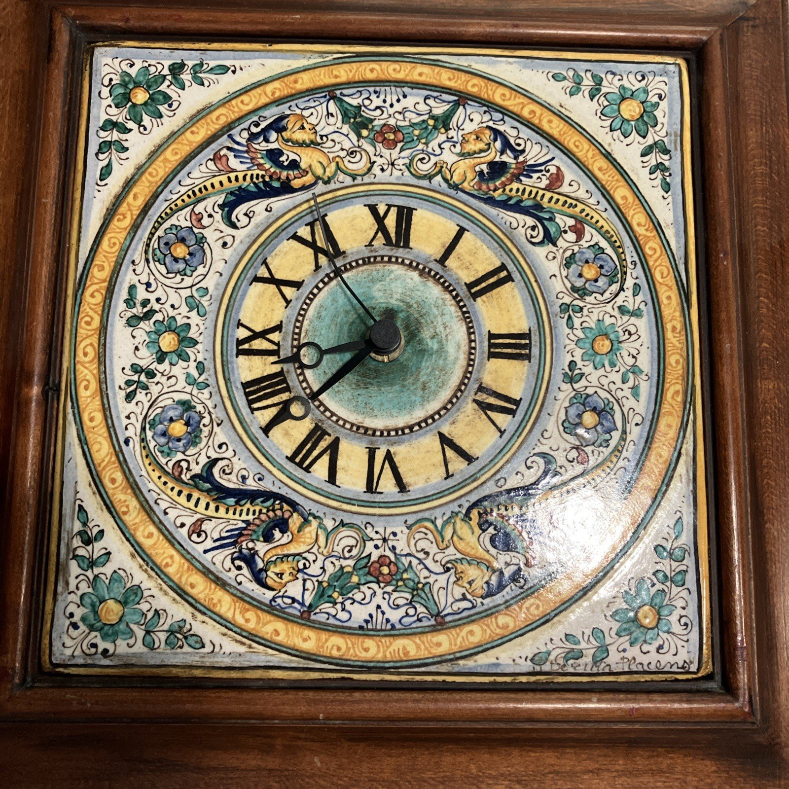 Vintage Italian Ceramic Wall Clock Deruta Signed, Majolica Pottery w/ Wood Frame