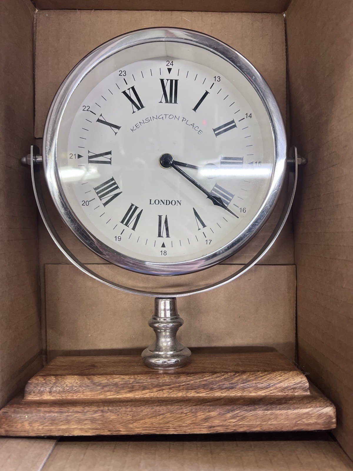 Vintage Kensington Place London Stainless Steel Clock With Wood Base.