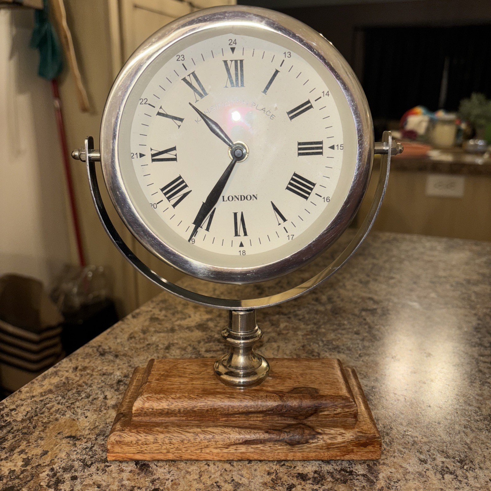 Vintage Kensington Place London Stainless Steel Clock With Wood Base.