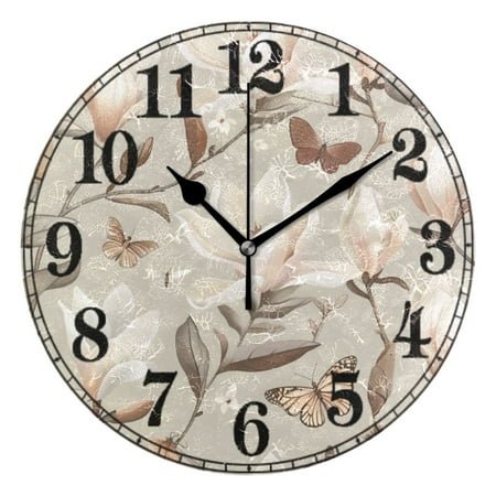 Vintage Magnolia Flowers Butterflies Silent Wall Clock 10 Non-Ticking Battery Clock