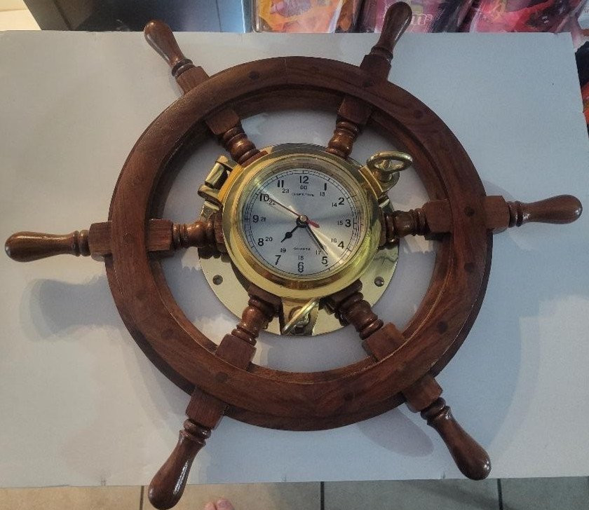 Vintage Nautical Wooden Brass Ships Wheel Wall Clock - 24"