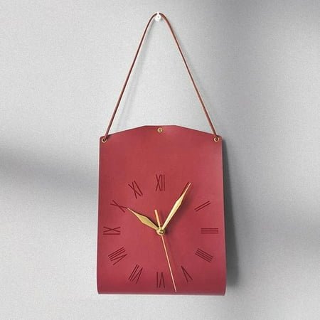 Vintage PU Leather Wall Clock – Retro Scandinavian Style Clock for Coffee Shops & Home Decor (red)