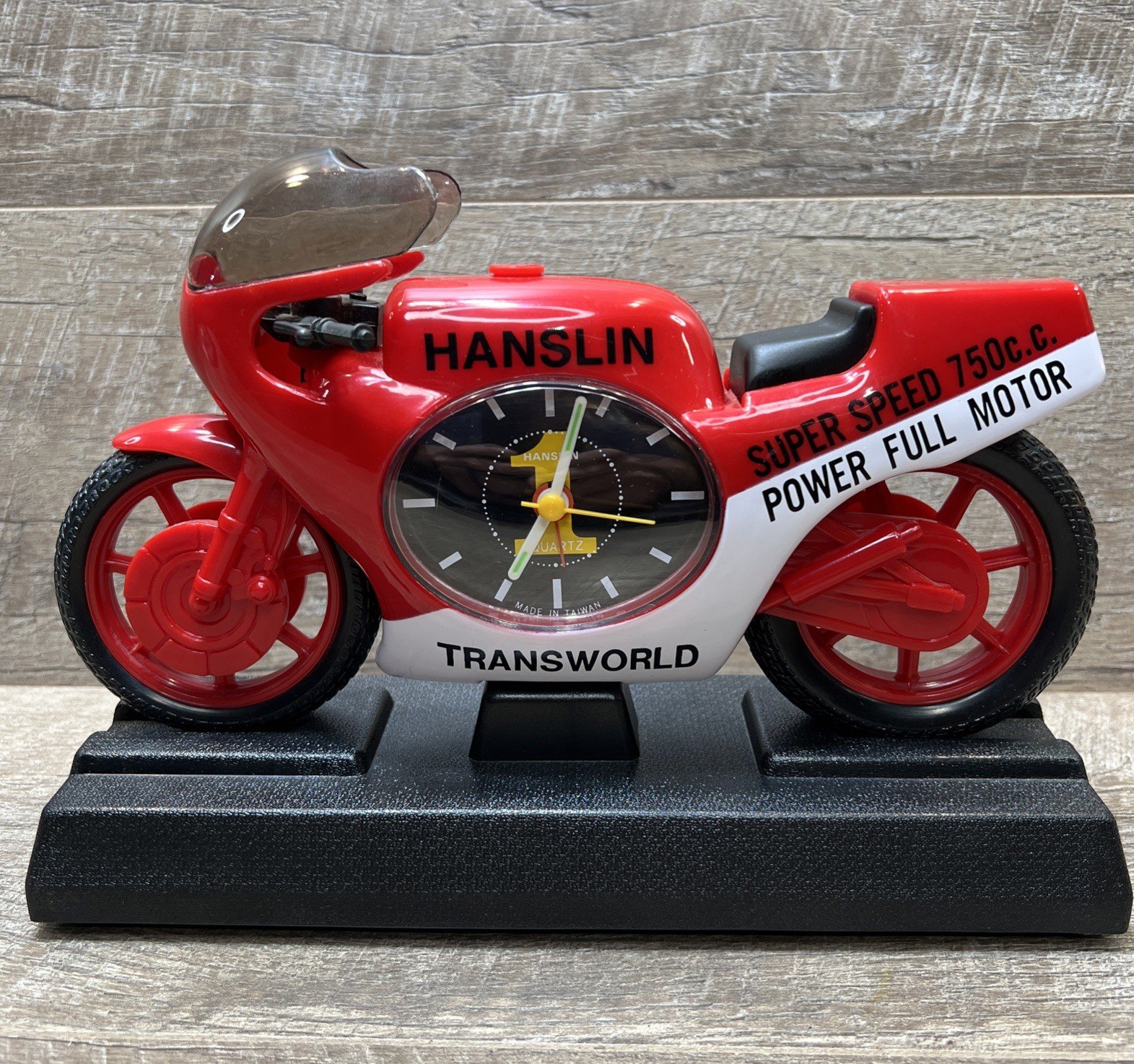 Vintage Quartz Hanslin TransWorld Motorcycle Shape Alarm Clock - Works GREAT!