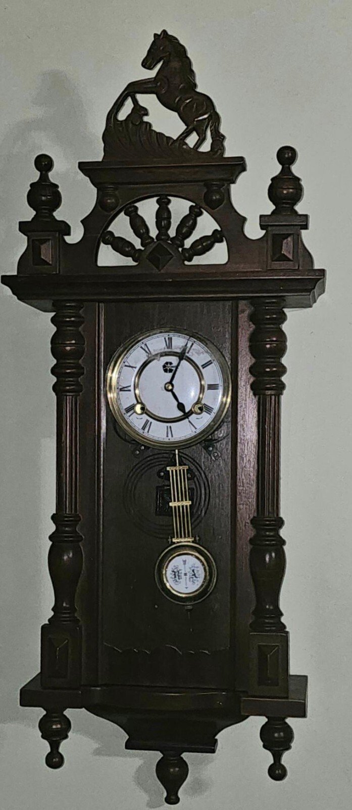 Vintage Regulator Wall Clock W/ Horse - Western Prop Walnut Wood R & A Pendulum