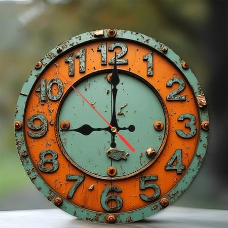 Vintage Rustic Wall Clock Orange Teal Metal 10-Inch Silent Wooden Wall Clock, Battery Operated (AA Batteries Not Included), Artistic Home Decor