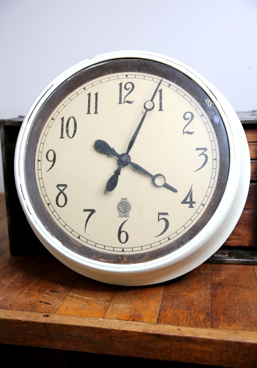 Vintage school wall Clock industrial NATSCO metal factory glass lens white