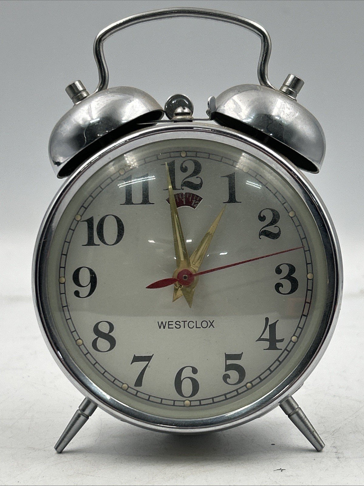 Vintage Silver Tone Westclox Double Bell handle Alarm Clock Working