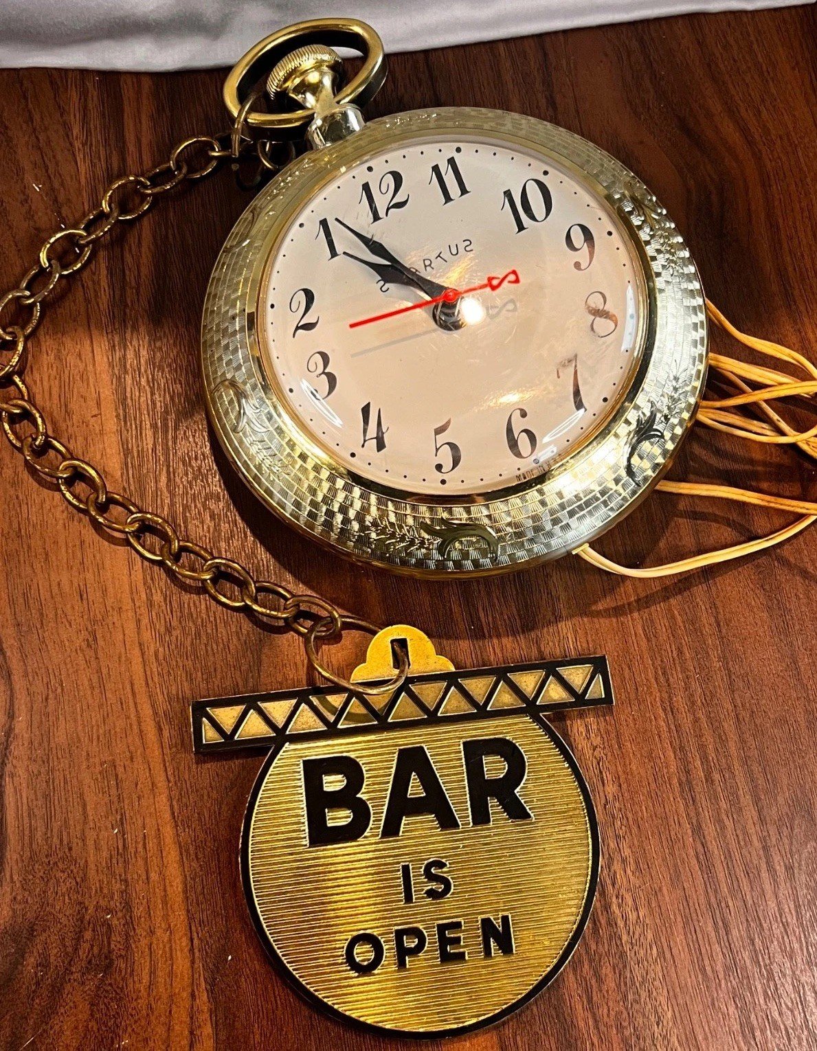 Vintage Spartus Reverse Wall Clock – Giant Pocket Watch Style – “Bar Is Open”