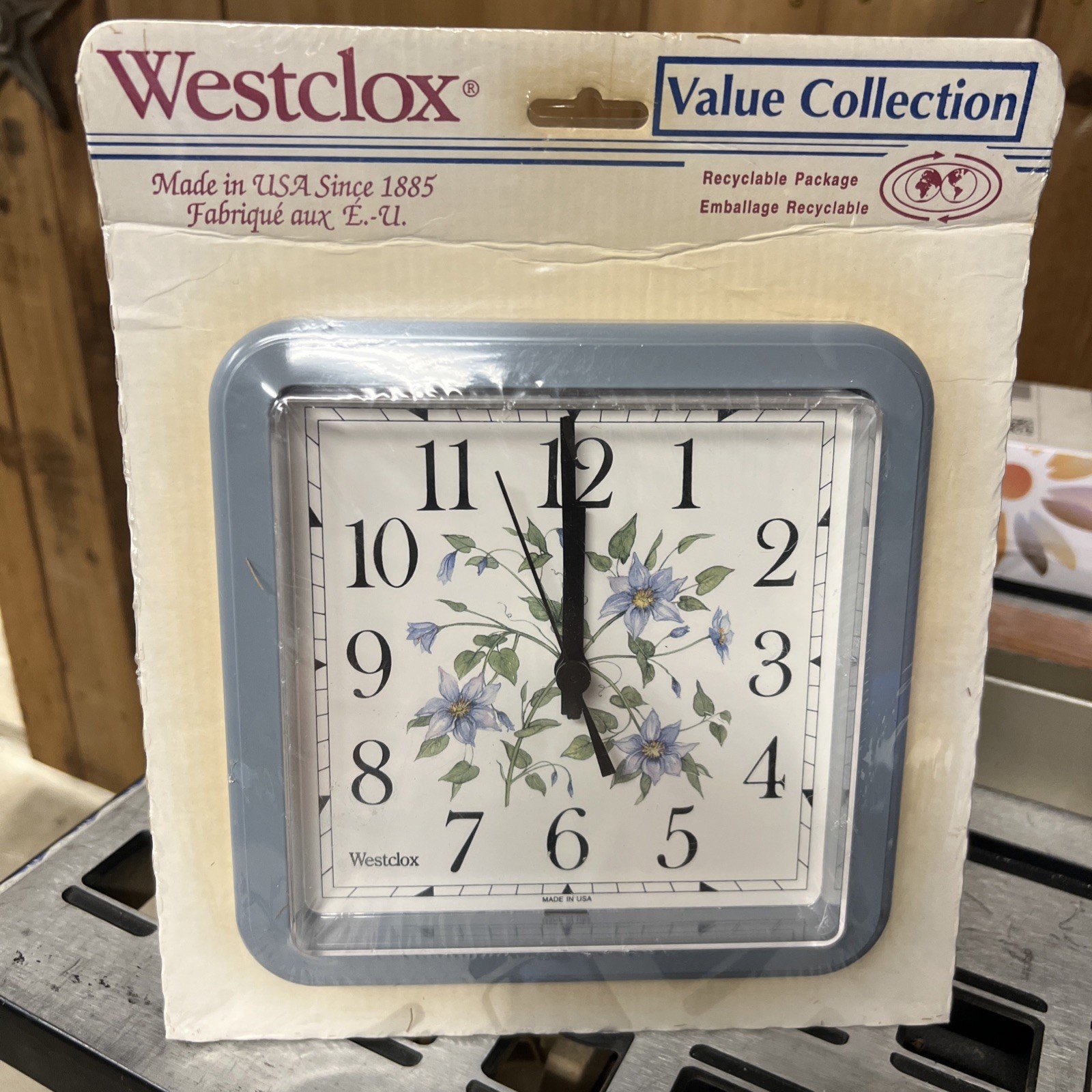 Vintage Westclox Wall Clock Blue Clematis Floral Square New In Package USA 46612