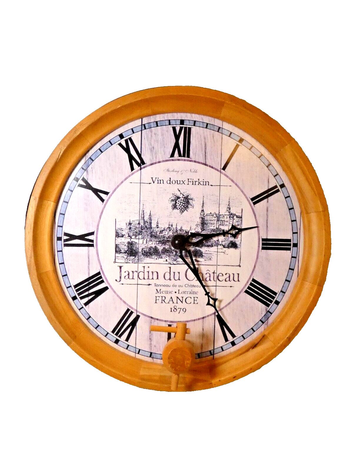 Vintage WINE BARREL Wall Clock 14" All Wood Jardin du Château France