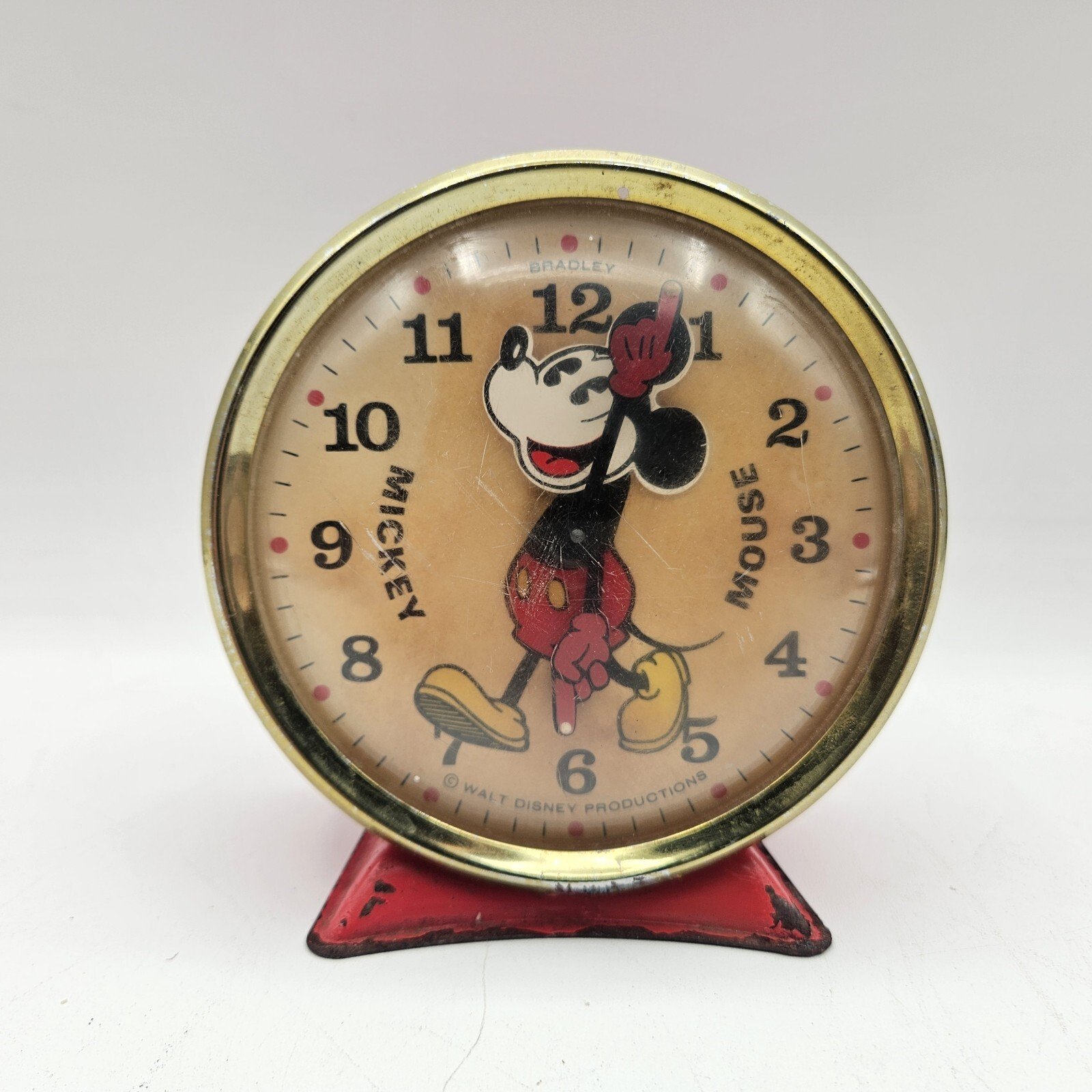 VTG Disney MICKEY MOUSE Bradley 4.5" Bobbing Head Red Wind-Up Metal Alarm Clock