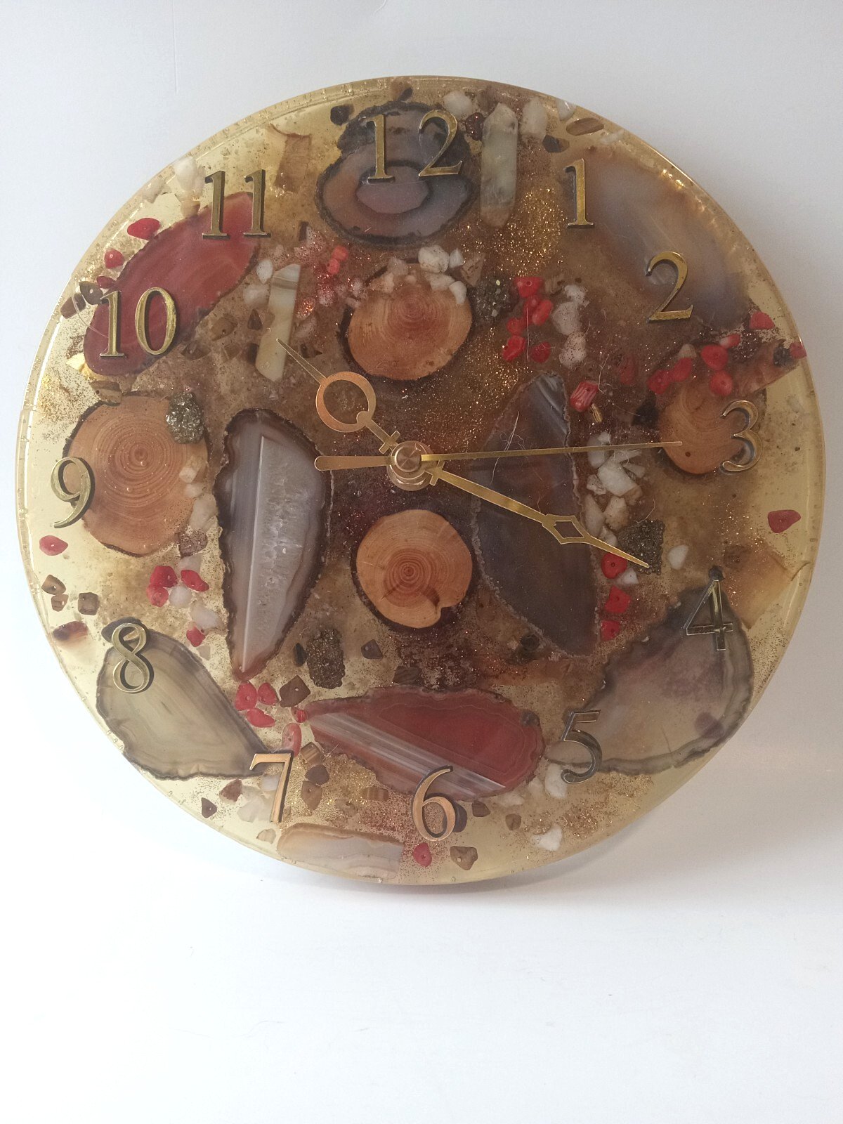 VTG Handmade Geode Wood Glitter in Lucite Unique 9" Wall Clock