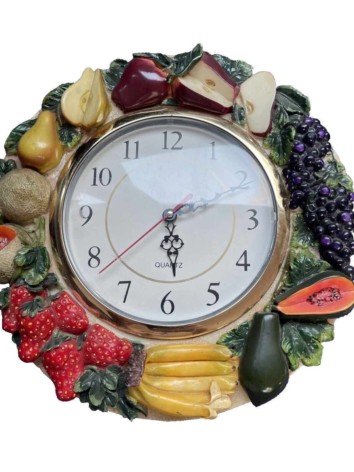 Vtg KMC Mixed Fruits Wall Clock Sculpted 3D 80s 12" Realistic Tested Works