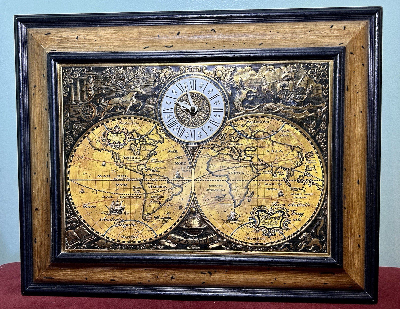 Vtg Spartus USA Old World Map Explorer Wall Clock 3D Copper Designs Wood Frame