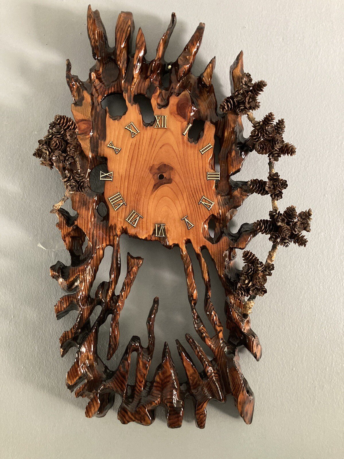 Vtg Unique Burl Wood 1980s Large Wall Clock Lacquered w Mini Pine Cones Signed