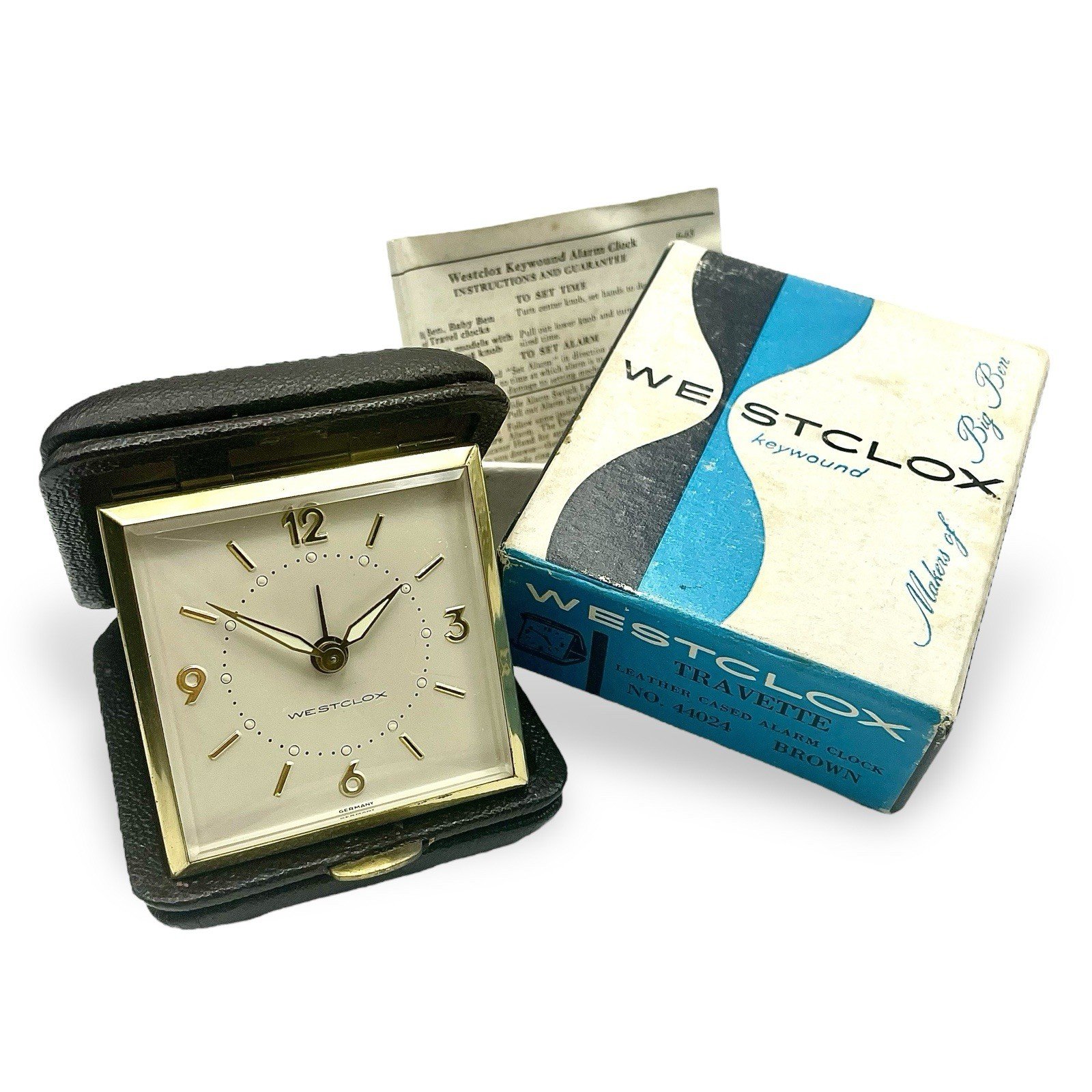 Vtg WESTCLOX TRAVETTE Alarm Clock Brown Leather Cased Papers Box Minty Travel!