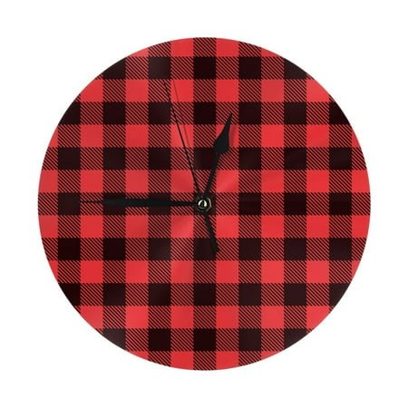 Wall Clock - black red buffalo plaid Checkered 9.8 Inch Silent Non Ticking Modern Round Wall Clocks Battery Operated Classic Clock for Bedroom, Living Room, Office, Home, Kitchen, Bathroom