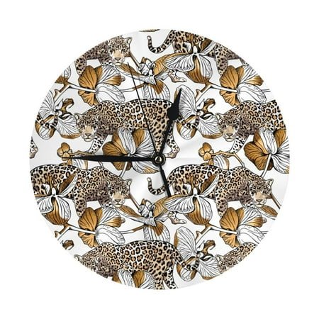 Wall Clock - Gold Orchid floral leopard 9.8 Inch Silent Non Ticking Modern Round Wall Clocks Battery Operated Classic Clock for Bedroom, Living Room, Office, Home, Kitchen, Bathroom