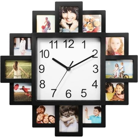 Wall Clock, 2-in-1 Plastic Wall-Mounted Photo Frame Clock Picture Collage 12-Pictures Display Wall Clock Photowall Wall Hanging Home Decoration