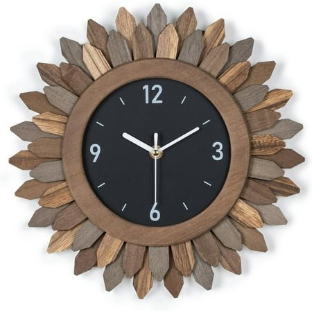 Wall Clock Battery Operated 12 in Rustic Wood Boho Sunburst Decorative Wall Clock Silent Non Ticking Farmhouse Small Wall Clocks for Living Room Kitchen Bathroom Bedroom Decor (Tricolor)
