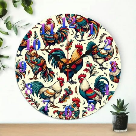 Wall Clock, chickens roosters farm Print, Silent Mechanical Movement, Great for Living Room, Kitchen, Dorm Decoration and Daily Practical Gift