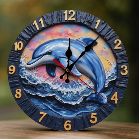 Wall Clock Decorative - Blue Dolphin Splash Print 2D Vintage Wall Clocks Battery Operated Silent Non-Ticking for Bedroom, Living Room, Kitchen, Office, Classroom, 10 Inch