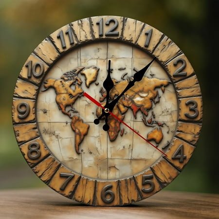 Wall Clock Decorative - Rustic World Map Print 2D Vintage Wall Clocks Battery Operated Silent Non-Ticking for Bedroom, Living Room, Kitchen, Office, Classroom, 10 Inch