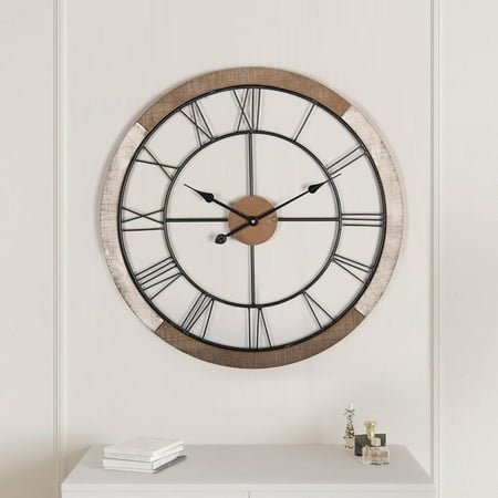 Wall Clock for Living Room Decor, 27.5'' Big Wall Clock for Office, Rustic Wall Clock Battery Operated, Distressed White Roman Numeral Clock, Round, Wood