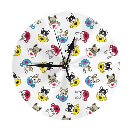 Wall Clock, French Bulldog Coffee Cup Wall Clocks Battery Operated Silent Kitchen Office Wall Clock Decorative, Wall Clock for School Classroom Living Room Bedroom Home Decor