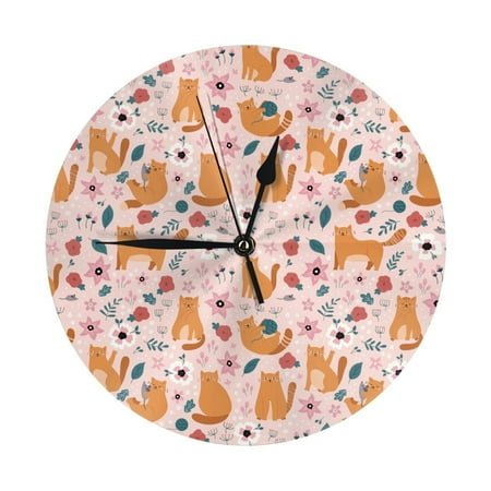 Wall Clock, Pink Cute Raccoon Cat Flowers Wall Clocks Battery Operated Silent Kitchen Office Wall Clock Decorative, Wall Clock for School Classroom Living Room Bedroom Home Decor