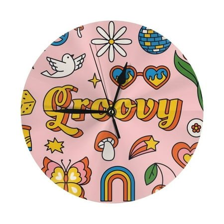 Wall Clock, Retro 70s Hippie Wall Clocks Battery Operated Silent Kitchen Office Wall Clock Decorative, Wall Clock for School Classroom Living Room Bedroom Home Decor