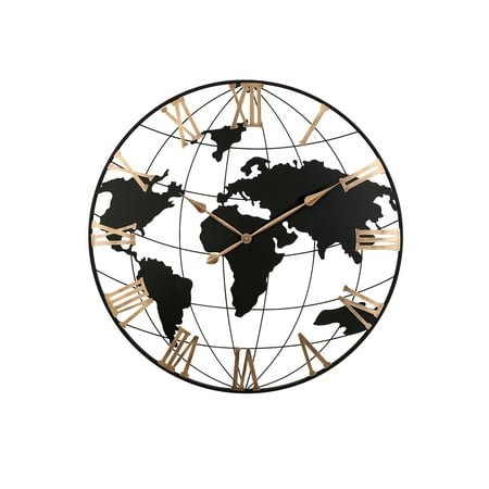 Wall Clocks 36 Inch Extra Giant Large Black Metal Wall Clock, Modern Silent World Map Wall Clock with Vintage Gold Roman Numeral, Decorative for Living Room, Entryway, Dinning Room, Bedroom,Table Clo
