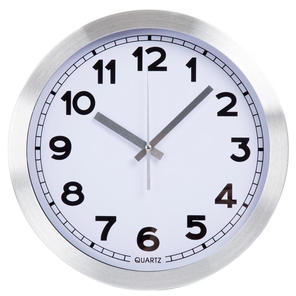 Wall Clock Silver Brushed Aluminum Modern Frame Glass Cover 12" Dia x 3.25" D