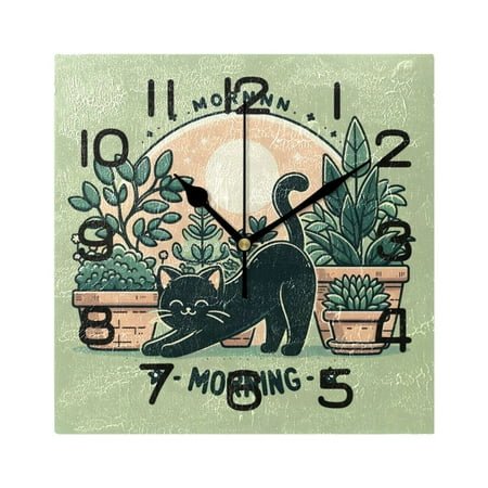 Wall Clock Square Silent Non-Ticking Morning Black Cat Retro Battery Operated Clock 7.78 inch Home Kitchen Office Decoration