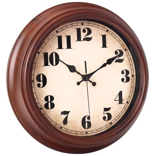 Wall Clock Wood Grain Retro Design,12 Inch Vintage Wall Clocks Battery Brown
